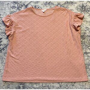 Lauren Conrad Womens XL Pink Eyelet Ruffle Short Sleeve Top Stretch Shirt